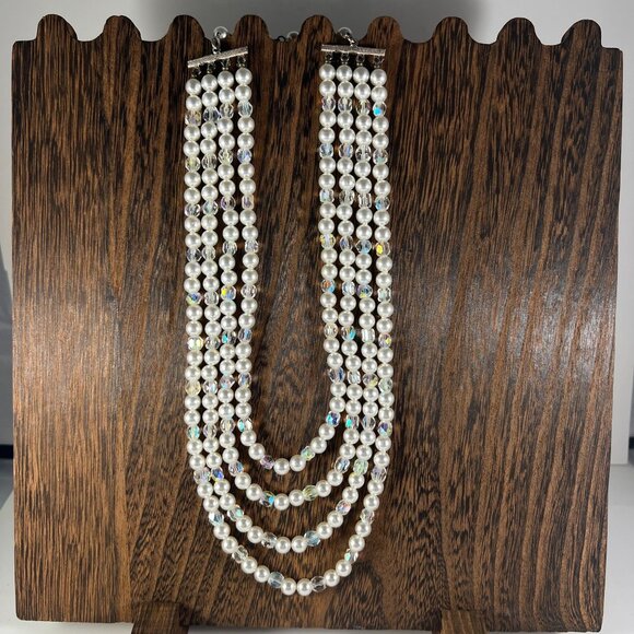 Jewelry - Vintage Multi-Strand Faux Pearl & Crystal Bead Necklace With Silver-Tone Clasps